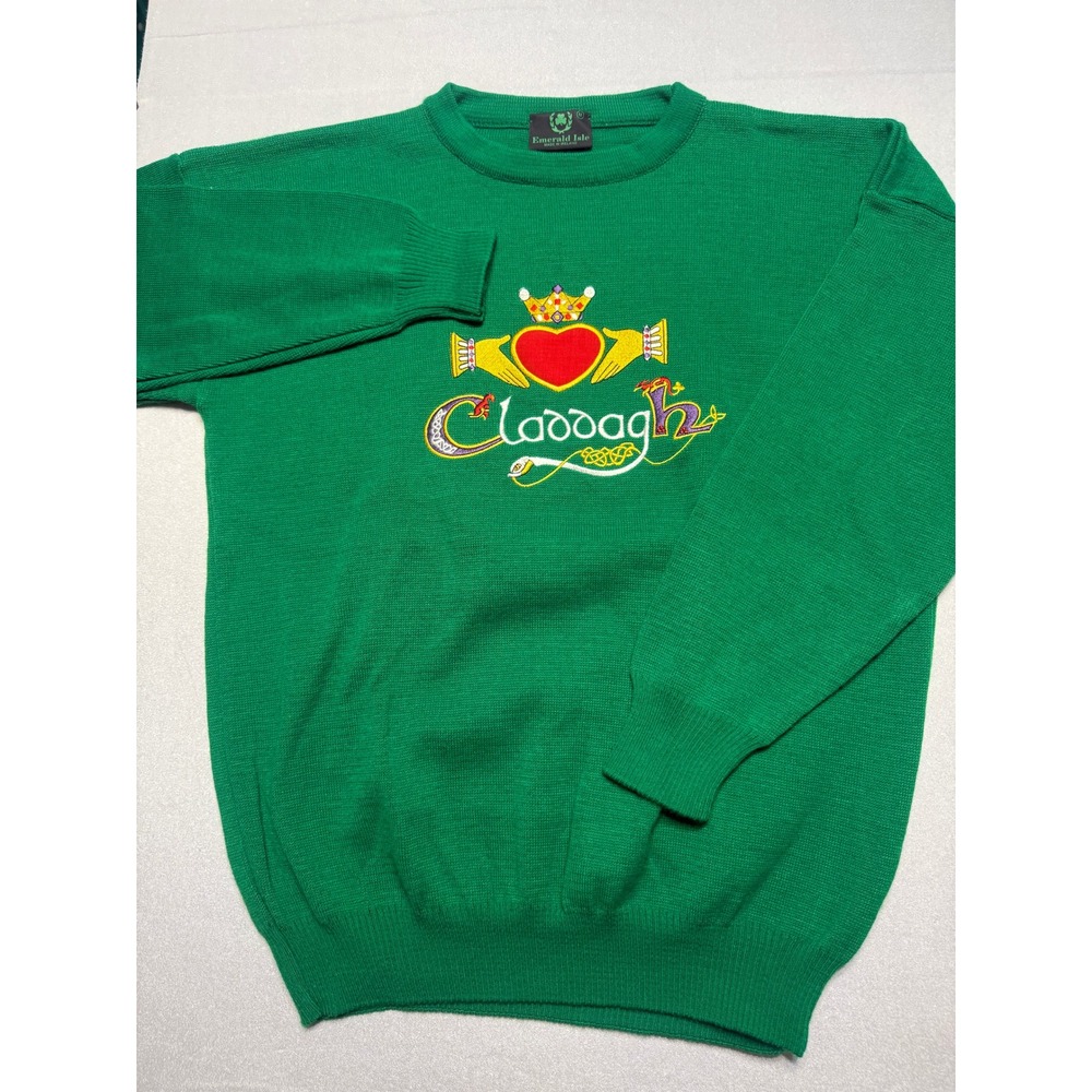 Emerald Isle Green Claddagh Embroidered Sweater Women Medium Acrylic Ireland
